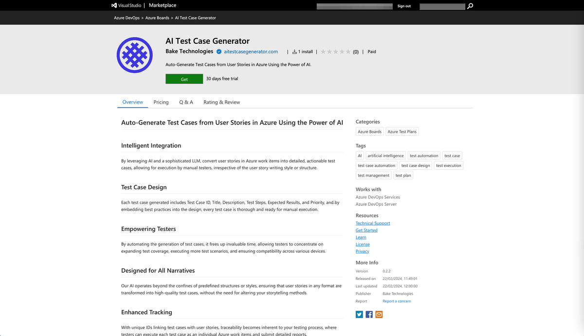 Marketplace Listing: AI Test Case Generator for Azure